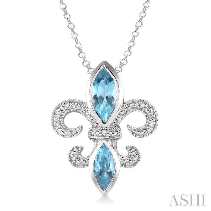 10x5 & 8x4 MM Marquise cut Blue Topaz and 1/50 Ctw Round Cut Diamond Fleur De Lis Pendant in Sterling Silver with Chain
