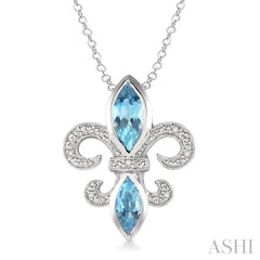10x5 & 8x4 MM Marquise cut Blue Topaz and 1/50 Ctw Round Cut Diamond Fleur De Lis Pendant in Sterling Silver with Chain