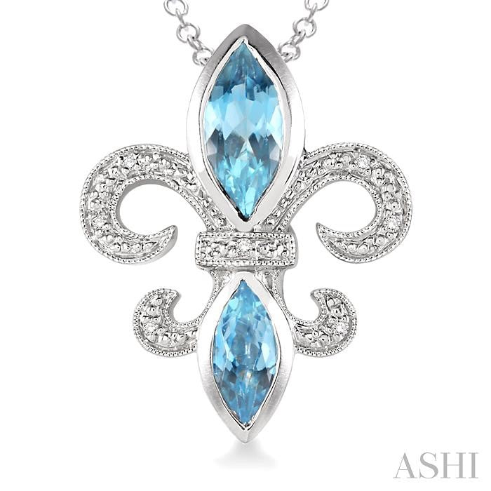 10x5 & 8x4 MM Marquise cut Blue Topaz and 1/50 Ctw Round Cut Diamond Fleur De Lis Pendant in Sterling Silver with Chain