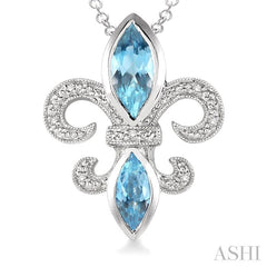 10x5 & 8x4 MM Marquise cut Blue Topaz and 1/50 Ctw Round Cut Diamond Fleur De Lis Pendant in Sterling Silver with Chain