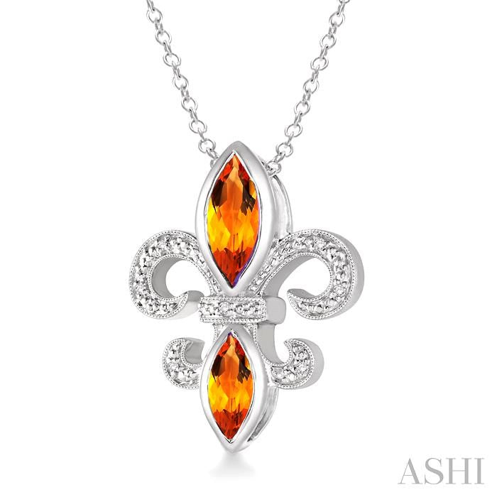 10x5 & 8x4 MM Marquise cut Citrine and 1/50 Ctw Round Cut Diamond Fleur De Lis Pendant in Sterling Silver with Chain