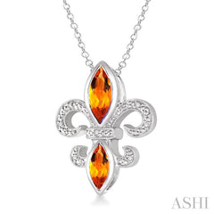 10x5 & 8x4 MM Marquise cut Citrine and 1/50 Ctw Round Cut Diamond Fleur De Lis Pendant in Sterling Silver with Chain