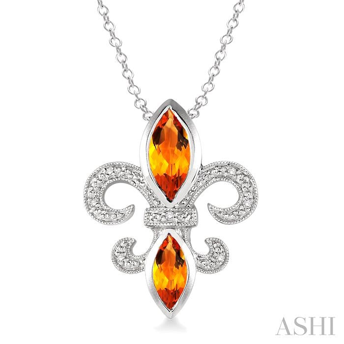 10x5 & 8x4 MM Marquise cut Citrine and 1/50 Ctw Round Cut Diamond Fleur De Lis Pendant in Sterling Silver with Chain