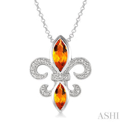 10x5 & 8x4 MM Marquise cut Citrine and 1/50 Ctw Round Cut Diamond Fleur De Lis Pendant in Sterling Silver with Chain