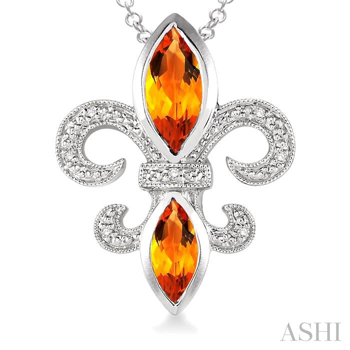 10x5 & 8x4 MM Marquise cut Citrine and 1/50 Ctw Round Cut Diamond Fleur De Lis Pendant in Sterling Silver with Chain