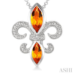 10x5 & 8x4 MM Marquise cut Citrine and 1/50 Ctw Round Cut Diamond Fleur De Lis Pendant in Sterling Silver with Chain