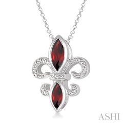10x5 & 8x4 MM Marquise cut Garnet and 1/50 Ctw Round Cut Diamond Fleur De Lis Pendant in Sterling Silver with Chain
