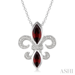 10x5 & 8x4 MM Marquise cut Garnet and 1/50 Ctw Round Cut Diamond Fleur De Lis Pendant in Sterling Silver with Chain