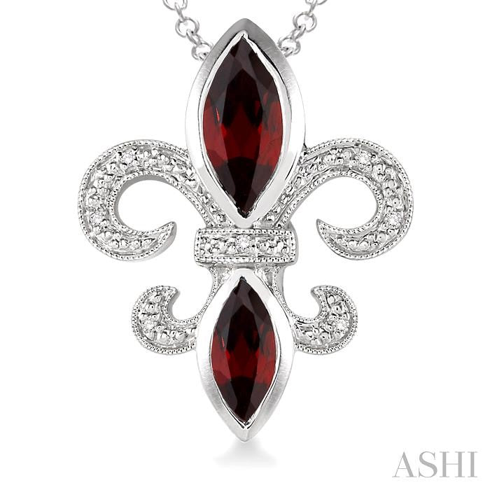 10x5 & 8x4 MM Marquise cut Garnet and 1/50 Ctw Round Cut Diamond Fleur De Lis Pendant in Sterling Silver with Chain