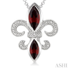 10x5 & 8x4 MM Marquise cut Garnet and 1/50 Ctw Round Cut Diamond Fleur De Lis Pendant in Sterling Silver with Chain