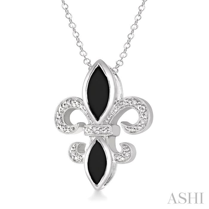 10x5 & 8x4 MM Marquise cut Onyx and 1/50 Ctw Round Cut Diamond Fleur De Lis Pendant in Sterling Silver with Chain