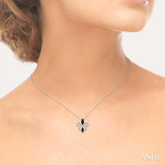 10x5 & 8x4 MM Marquise cut Onyx and 1/50 Ctw Round Cut Diamond Fleur De Lis Pendant in Sterling Silver with Chain