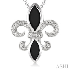 10x5 & 8x4 MM Marquise cut Onyx and 1/50 Ctw Round Cut Diamond Fleur De Lis Pendant in Sterling Silver with Chain