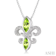 10x5 & 8x4 MM Marquise cut Peridot and 1/50 Ctw Round Cut Diamond Fleur De Lis Pendant in Sterling Silver with Chain