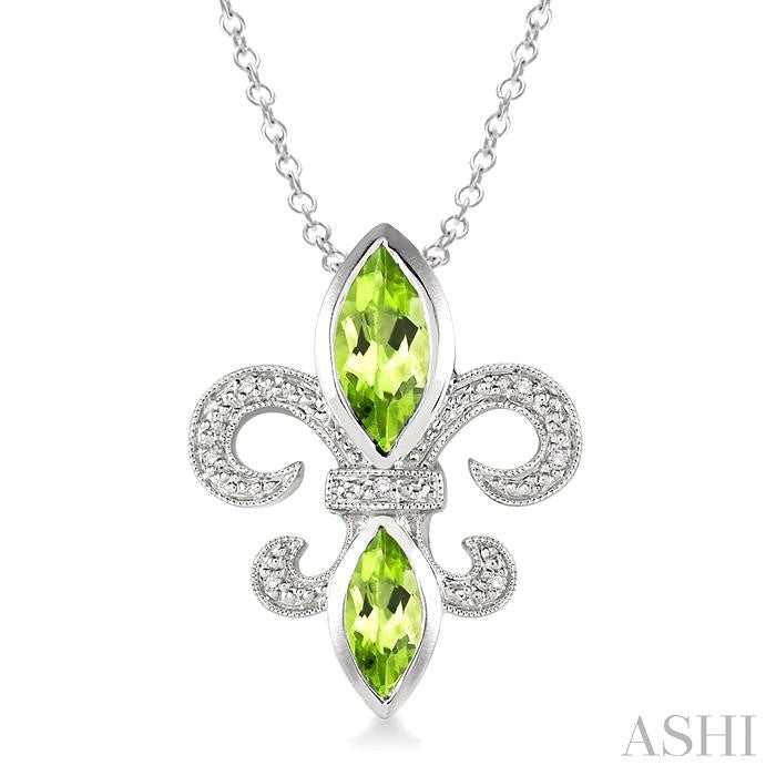 10x5 & 8x4 MM Marquise cut Peridot and 1/50 Ctw Round Cut Diamond Fleur De Lis Pendant in Sterling Silver with Chain