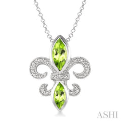 10x5 & 8x4 MM Marquise cut Peridot and 1/50 Ctw Round Cut Diamond Fleur De Lis Pendant in Sterling Silver with Chain