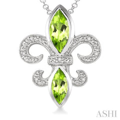 10x5 & 8x4 MM Marquise cut Peridot and 1/50 Ctw Round Cut Diamond Fleur De Lis Pendant in Sterling Silver with Chain