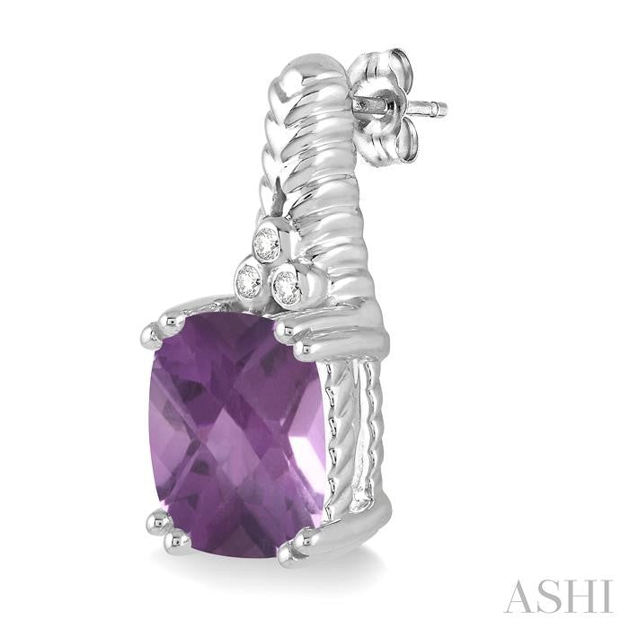 9x7 MM Cushion Shape Amethyst and 1/20 Ctw Round Cut Diamond Earrings in Sterling Silver