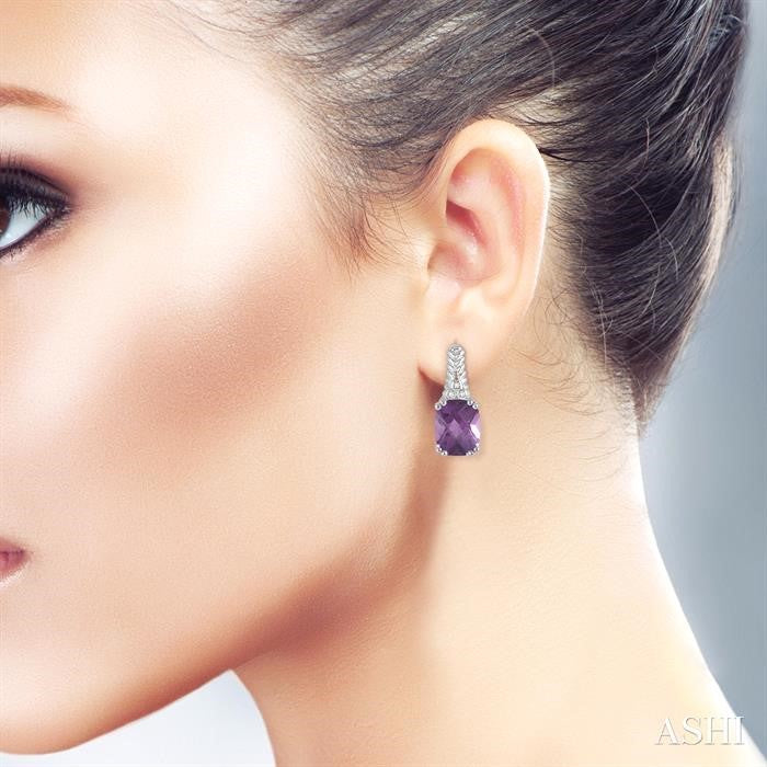 9x7 MM Cushion Shape Amethyst and 1/20 Ctw Round Cut Diamond Earrings in Sterling Silver