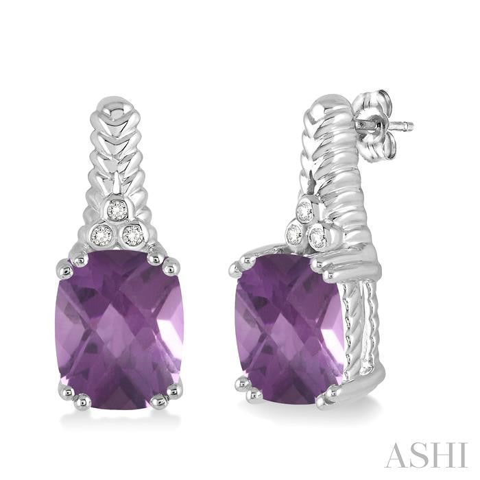 9x7 MM Cushion Shape Amethyst and 1/20 Ctw Round Cut Diamond Earrings in Sterling Silver