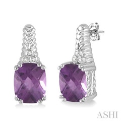 9x7 MM Cushion Shape Amethyst and 1/20 Ctw Round Cut Diamond Earrings in Sterling Silver