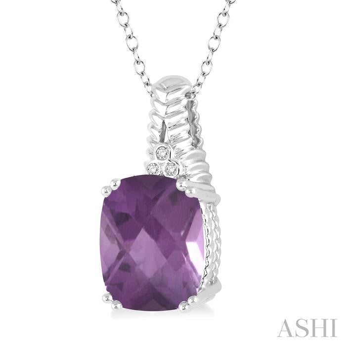 12x10 MM Cushion Shape Amethyst and 1/50 Ctw Round Cut Diamond Pendant in Sterling Silver with Chain