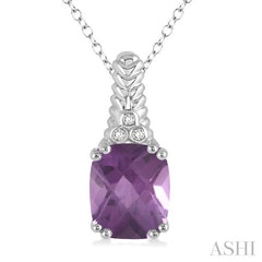 12x10 MM Cushion Shape Amethyst and 1/50 Ctw Round Cut Diamond Pendant in Sterling Silver with Chain