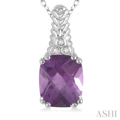 12x10 MM Cushion Shape Amethyst and 1/50 Ctw Round Cut Diamond Pendant in Sterling Silver with Chain