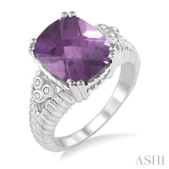 12x10 MM Cushion Shape Amethyst and 1/20 Ctw Round Cut Diamond Ring in Sterling Silver