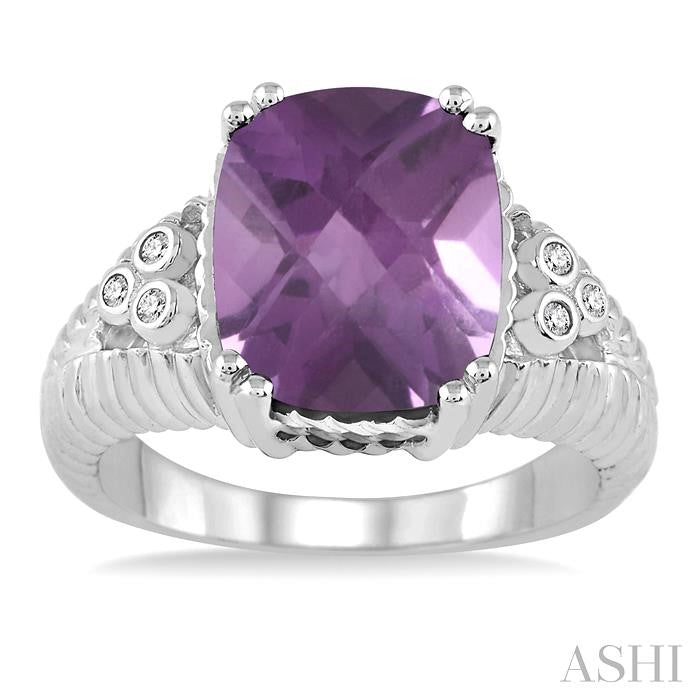 12x10 MM Cushion Shape Amethyst and 1/20 Ctw Round Cut Diamond Ring in Sterling Silver