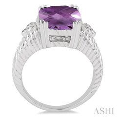 12x10 MM Cushion Shape Amethyst and 1/20 Ctw Round Cut Diamond Ring in Sterling Silver