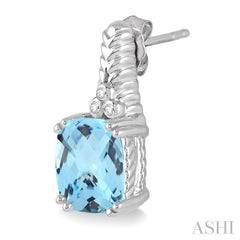 9x7 MM Cushion Shape Blue Topaz and 1/20 Ctw Round Cut Diamond Earrings in Sterling Silver