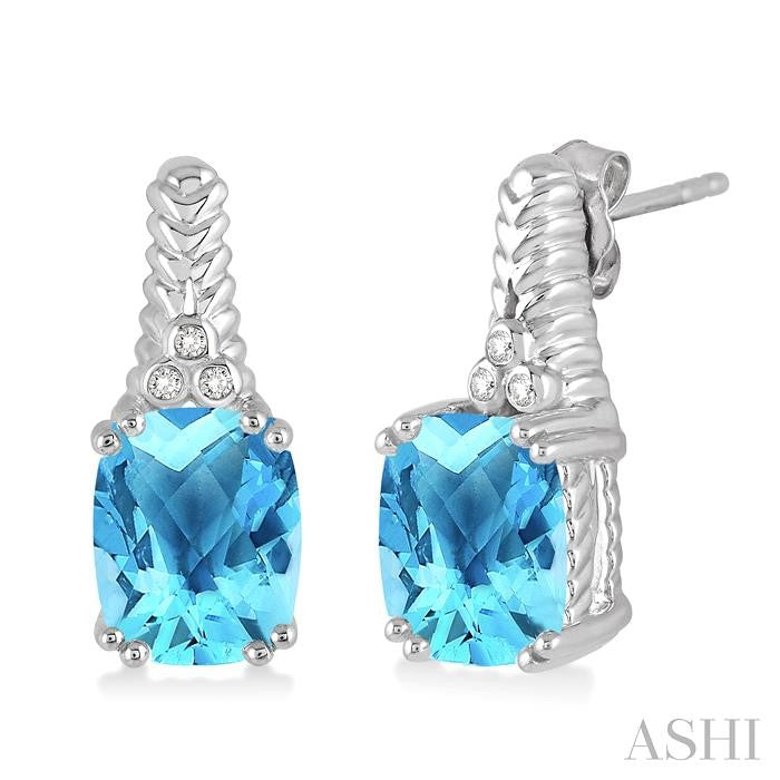 9x7 MM Cushion Shape Blue Topaz and 1/20 Ctw Round Cut Diamond Earrings in Sterling Silver