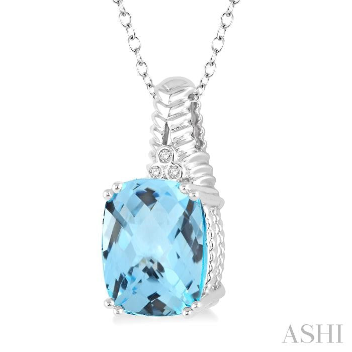 12x10 MM Cushion Shape Blue Topaz and 1/50 Ctw Round Cut Diamond Pendant in Sterling Silver with Chain