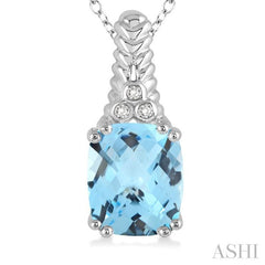 12x10 MM Cushion Shape Blue Topaz and 1/50 Ctw Round Cut Diamond Pendant in Sterling Silver with Chain