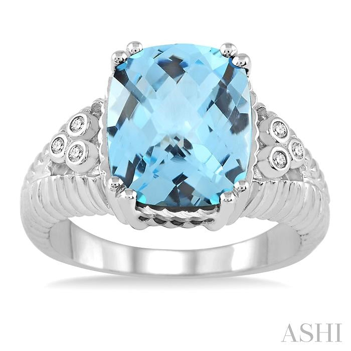 12x10 MM Cushion Shape Blue Topaz and 1/20 Ctw Round Cut Diamond Ring in Sterling Silver