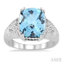 12x10 MM Cushion Shape Blue Topaz and 1/20 Ctw Round Cut Diamond Ring in Sterling Silver