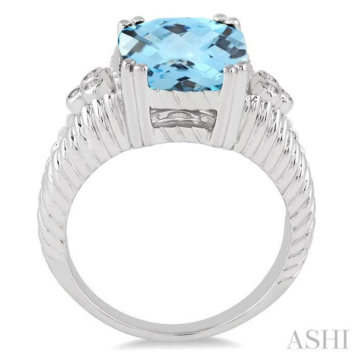 12x10 MM Cushion Shape Blue Topaz and 1/20 Ctw Round Cut Diamond Ring in Sterling Silver