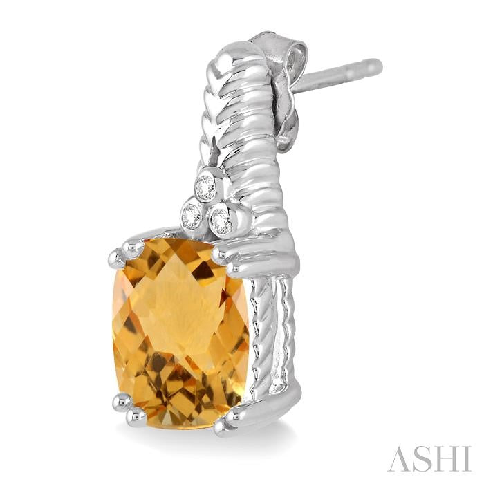 9x7 MM Cushion Shape Citrine and 1/20 Ctw Round Cut Diamond Earrings in Sterling Silver