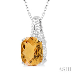 12x10 MM Cushion Shape Citrine and 1/50 Ctw Round Cut Diamond Pendant in Sterling Silver with Chain