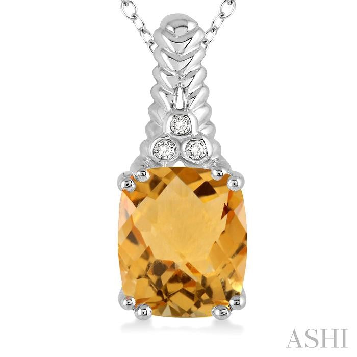 12x10 MM Cushion Shape Citrine and 1/50 Ctw Round Cut Diamond Pendant in Sterling Silver with Chain