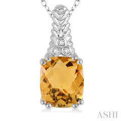 12x10 MM Cushion Shape Citrine and 1/50 Ctw Round Cut Diamond Pendant in Sterling Silver with Chain