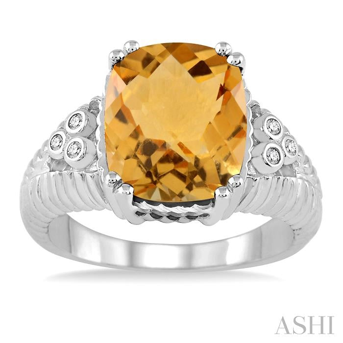 12x10 MM Cushion Shape Citrine and 1/20 Ctw Round Cut Diamond Ring in Sterling Silver