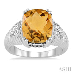 12x10 MM Cushion Shape Citrine and 1/20 Ctw Round Cut Diamond Ring in Sterling Silver