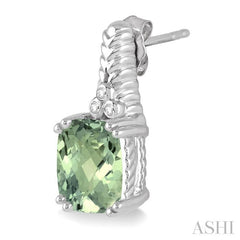 9x7 MM Cushion Shape Green Amethyst and 1/20 Ctw Round Cut Diamond Earrings in Sterling Silver