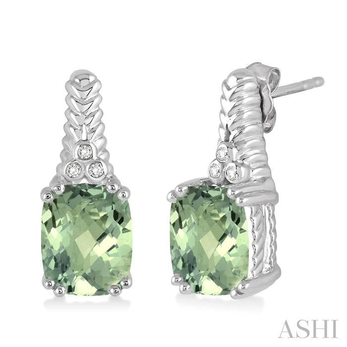 9x7 MM Cushion Shape Green Amethyst and 1/20 Ctw Round Cut Diamond Earrings in Sterling Silver