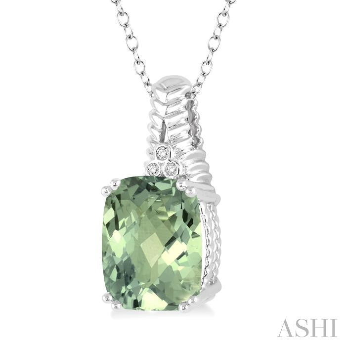 12x10 MM Cushion Shape Green Amethyst and 1/50 Ctw Round Cut Diamond Pendant in Sterling Silver with Chain