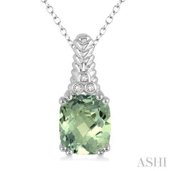 12x10 MM Cushion Shape Green Amethyst and 1/50 Ctw Round Cut Diamond Pendant in Sterling Silver with Chain