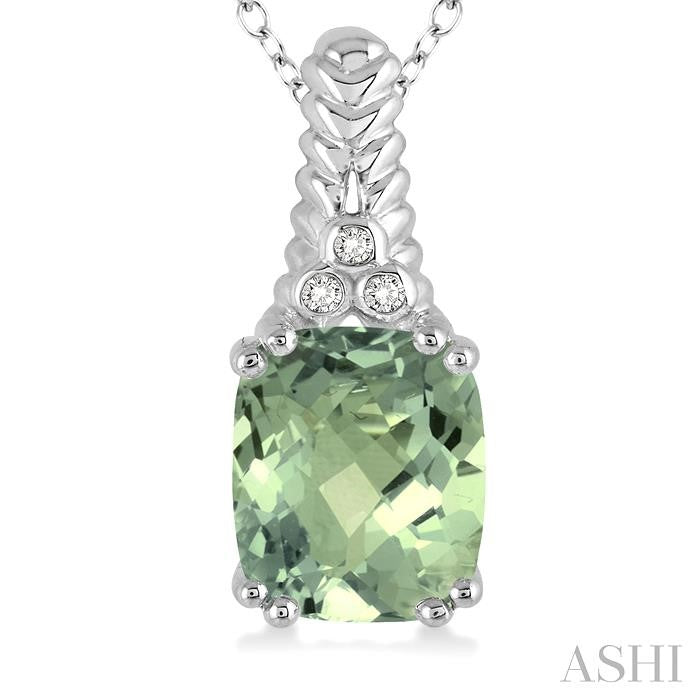 12x10 MM Cushion Shape Green Amethyst and 1/50 Ctw Round Cut Diamond Pendant in Sterling Silver with Chain