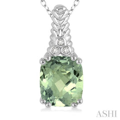 12x10 MM Cushion Shape Green Amethyst and 1/50 Ctw Round Cut Diamond Pendant in Sterling Silver with Chain